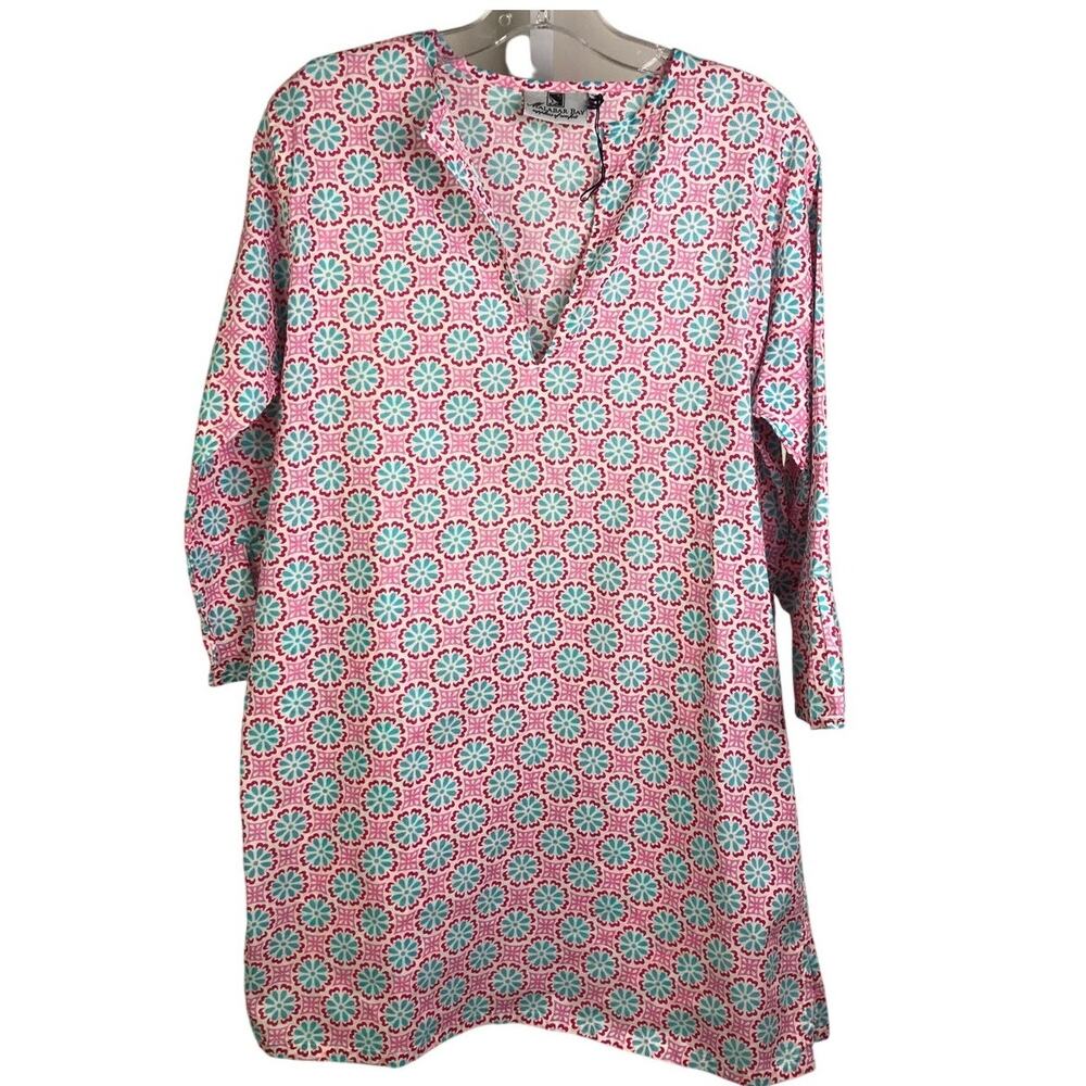 Malabar Bay Tunic‎ Top Womens Size Medium Pink V-Neck 3/4 Sleeve Geometric